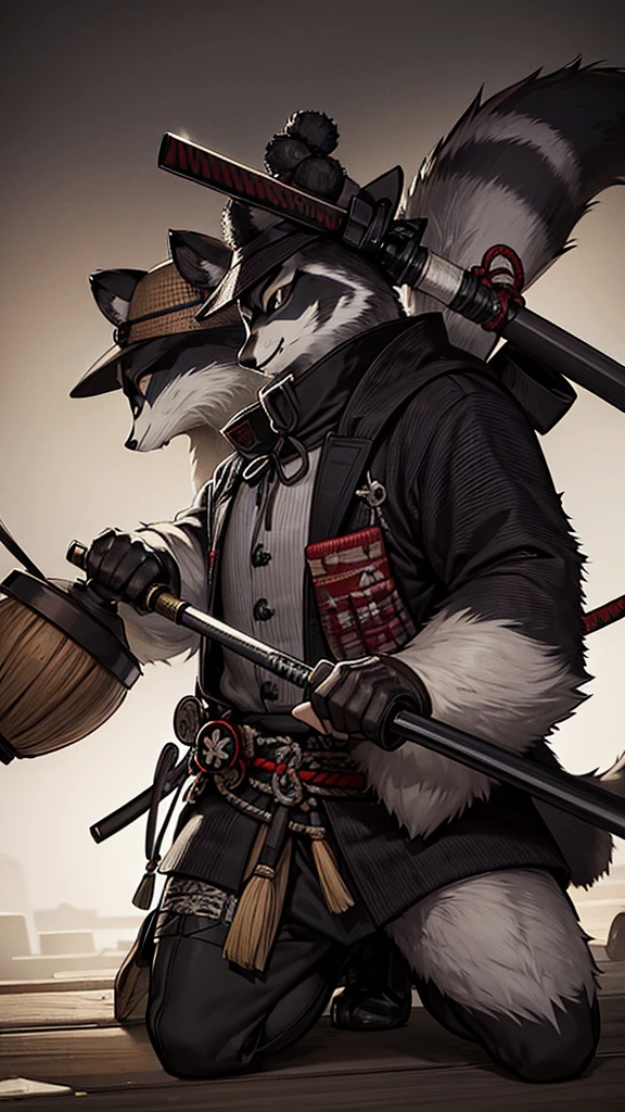 The wild raccoon man wears a ronin uniform and a straw samurai hat.