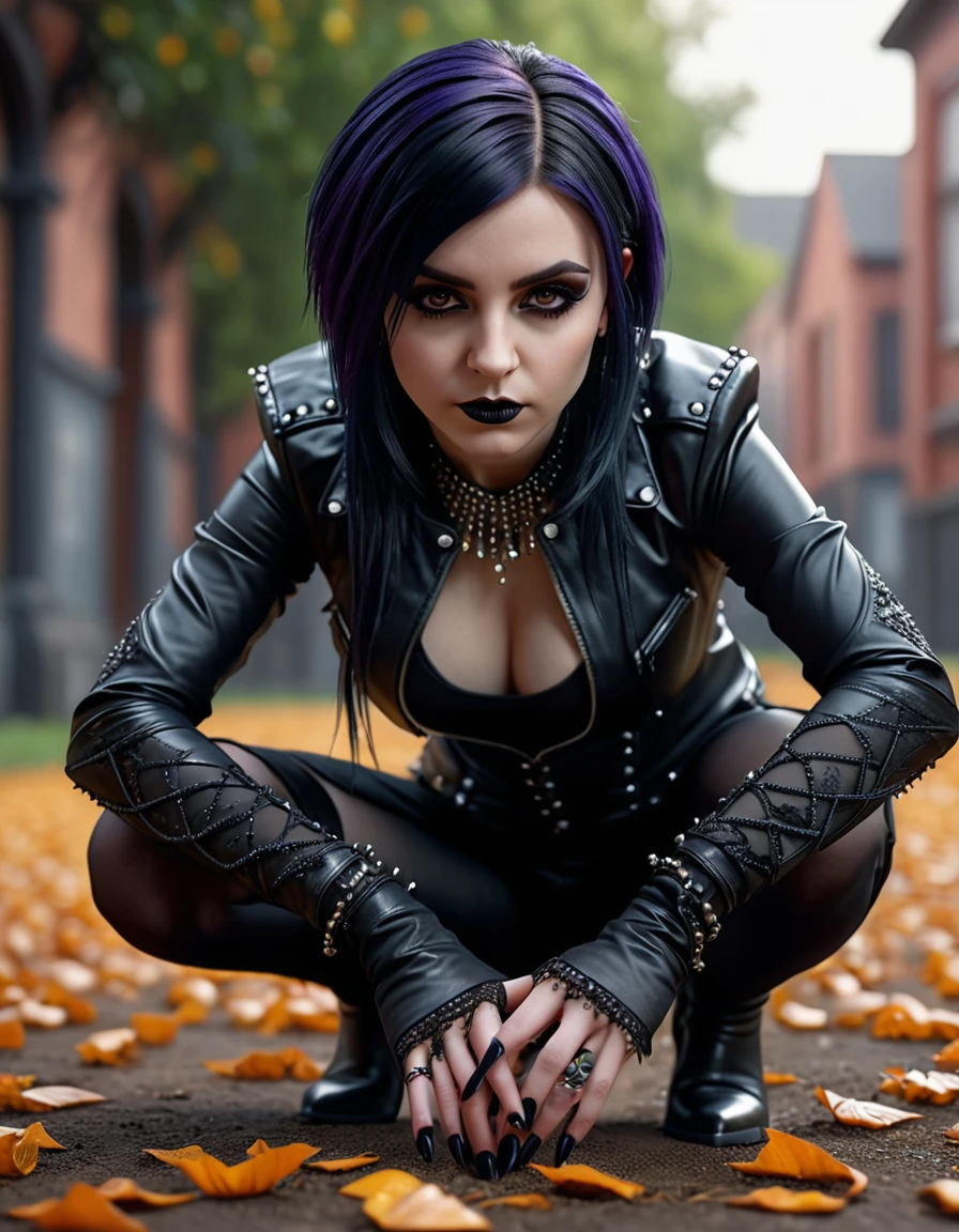 photorealistic, ultra highly intricate detailed, professional photo, goth girl, (full-body) , (Crouching low with hands on the ground, ready for action or play) , portrait lighting, subpixel rendering, smooth vertex shading, (best quality, sharp focus, masterpiece, 4k, ultra detailed, sharp focus, 8k, high definition, insanely detailed, intricate:1.1) , bokeh,