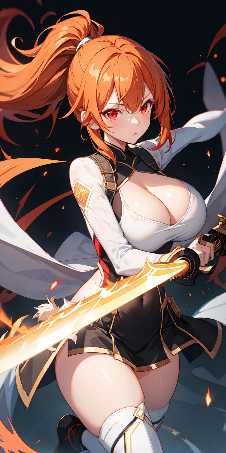 colorful, 1girl, mature, large breasts, orange hair, low ponytail hair, red eyes, dual wielding, sword, holding sword, red flames, glow, glowing weapon, light particles, wallpaper, chromatic aberration,