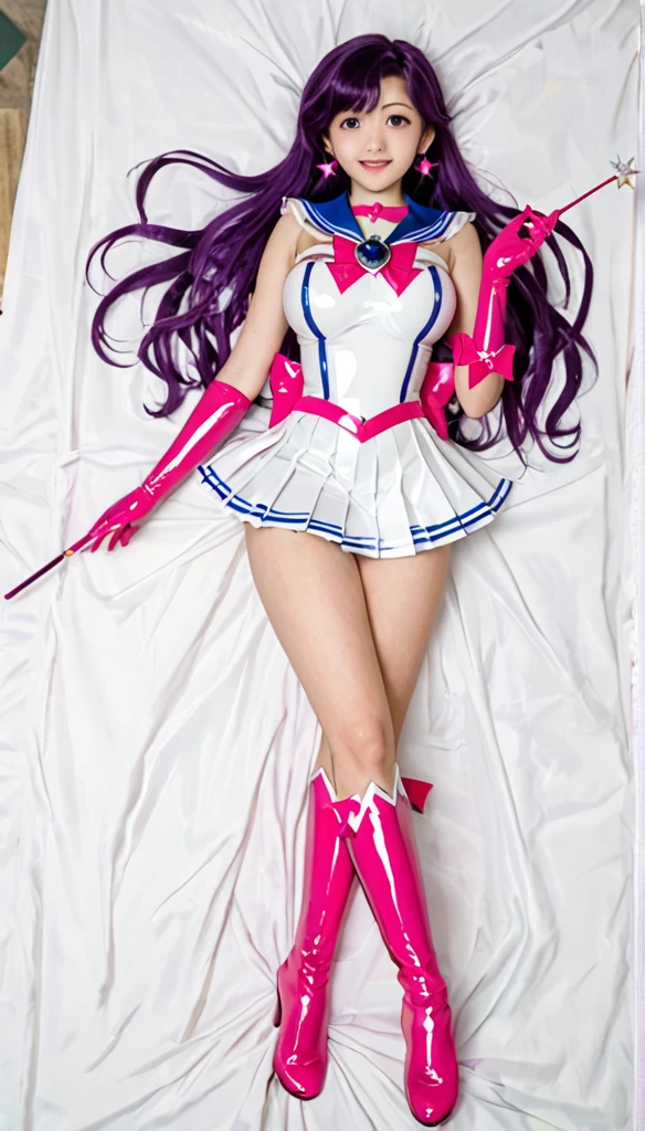 1girl, sailor senshi unifoem, {{magical gloves, magical boots}}, bow, brooch,pleated miniskirt, magical girl, earrings, long hair, nsfw, latex, large_breasts, korean idol, holding wand, wand, wand effect,agic effect, standing, crossed legs, dakimakura, idol, akb48