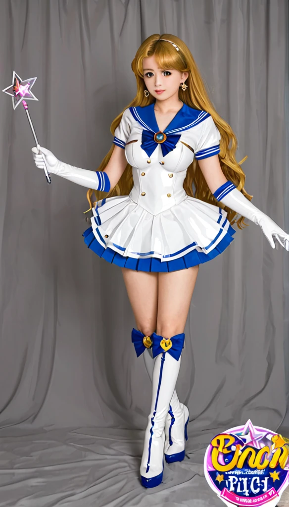 1girl, sailor senshi unifoem, {{magical gloves, magical boots}}, bow, brooch,pleated miniskirt, magical girl, earrings, long hair, nsfw, latex, large_breasts, korean idol, holding wand, wand, wand effect,agic effect, standing, crossed legs, dakimakura, idol, akb48