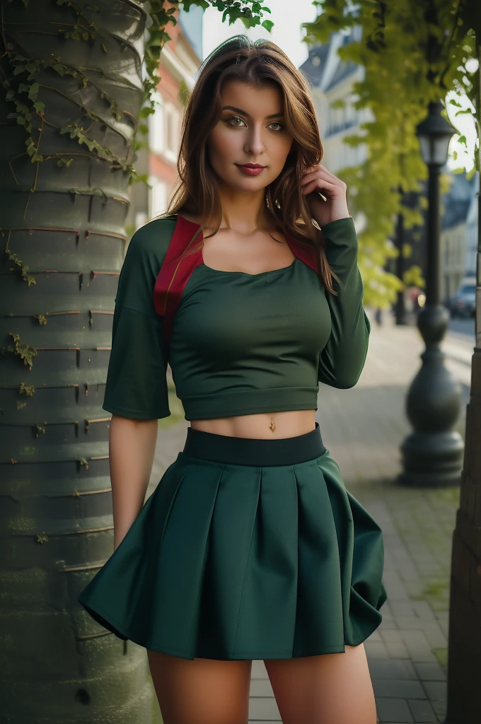 wife, Lithuania, debout, ((full body)), bionde, (((she wears a dark green top and red skirt))), smirk, ((in the city of Vilnius)) Pretty face, beau corps, ((( grande place de Vilnius)))