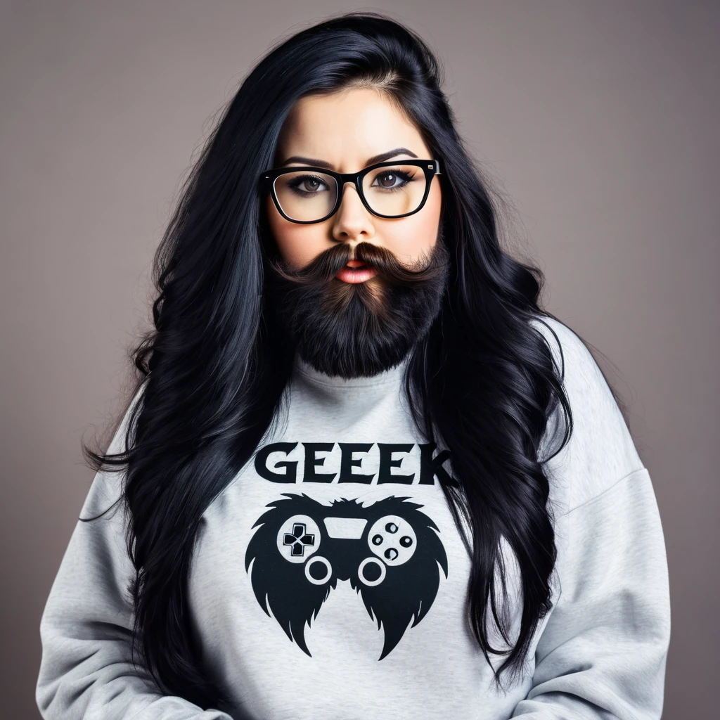 woman with huge and beautiful beard, long black hair, wears glasses, sweatshirt, geek nerd, plays video games
