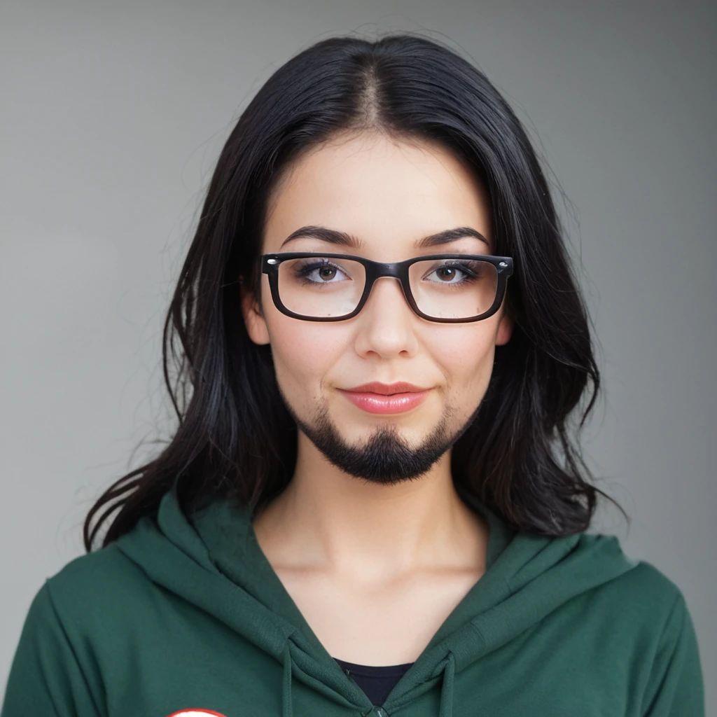 woman with huge and beautiful beard, long black hair, wears glasses, sweatshirt, geek nerd, plays video games
