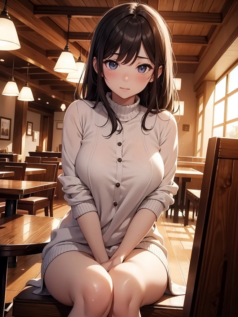 (masterpiece、top-quality、hight resolution、Unity 8k Wallpaper、extremely details CG:1), In a cozy café, the protagonist is sitting across from a calm and elegant married woman he met on a dating site. In the middle of the conversation, her mood changes a little. She leans forward a little and whispers to the protagonist with eyes that are a mixture of lust and warmth. You can do it," she says. We can go to a love hotel." The atmosphere becomes more intimate, and the change in her feelings is remarkable. nsfw
