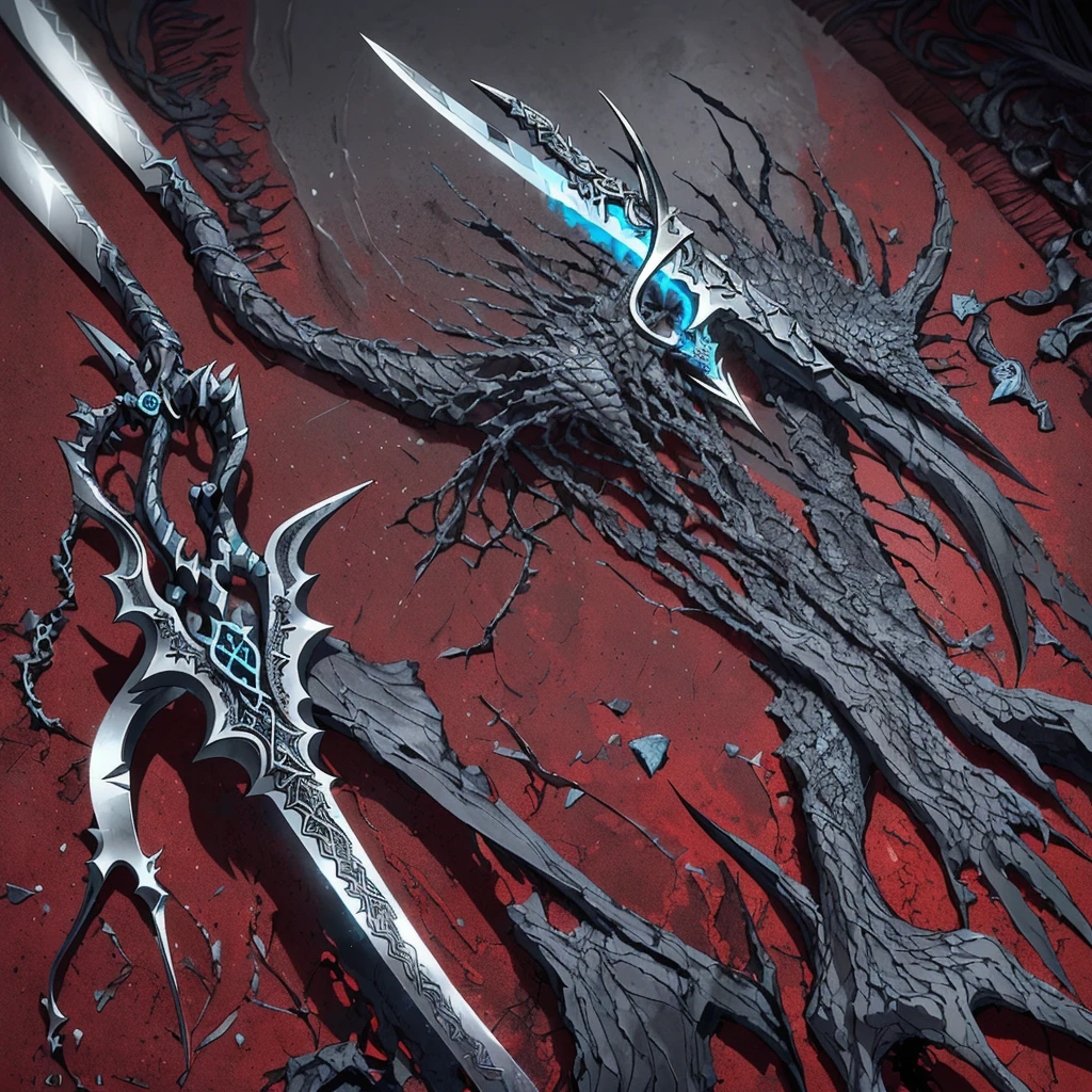 fantasysword sword of ice magic, (realistic styled by karol bak : 1.4). complex ornate background, sharp focus, masterpiece, (RAW photo, fashion: 1.3), intricate and detailed. a colossal pair of scissors, much larger than any common scissors, with razor-sharp scarlet red blades that seem to almost pulse with a sinister energy. The edges of the blades are adorned with intricate black detailing, like tribal patterns or ancient runes, which give the weapon an even more threatening appearance.The handle of the scissors is made of a material as black as night., maybe a dark metal or a magical wood, and is carved with shadowy figures and ornamentation reminiscent of gargoyles or mystical creatures. The handle design is ergonomic, allowing the user to handle it with surprising ease despite its imposing size.Aura:The scissors emanate a dark and intimidating aura. A dark, turbulent mist seems to envelop the blades, occasionally releasing sparks of dark energy.