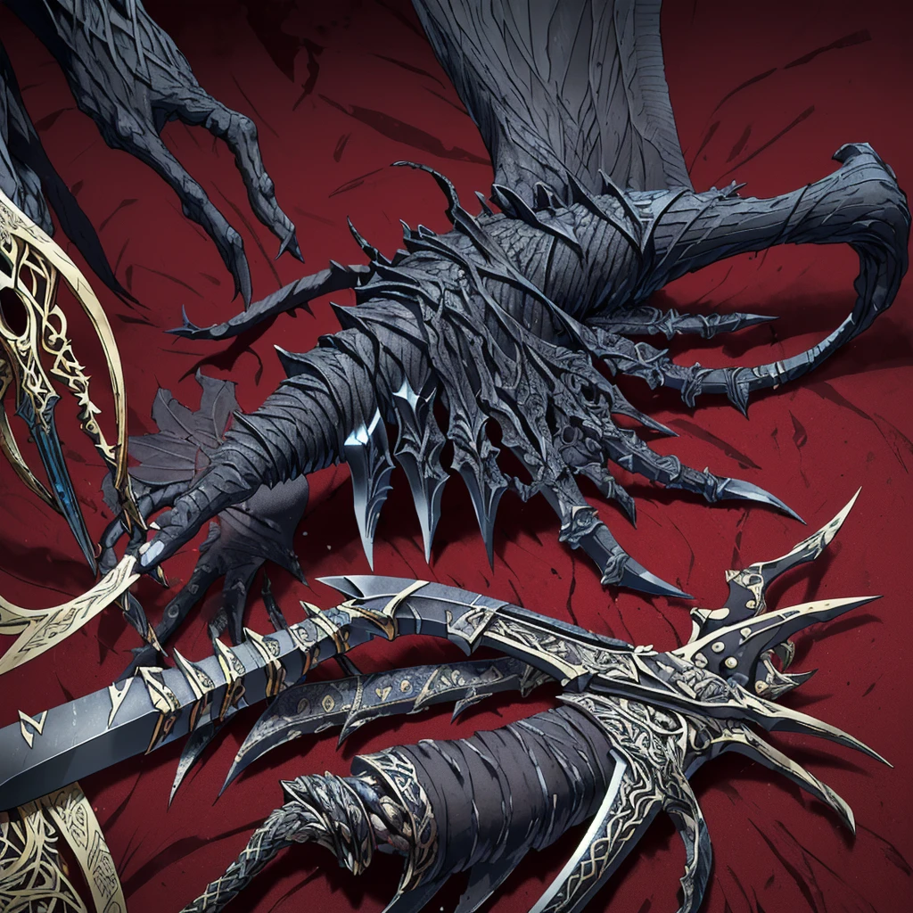 fantasysword sword of ice magic, (realistic styled by karol bak : 1.4). complex ornate background, sharp focus, masterpiece, (RAW photo, fashion: 1.3), intricate and detailed. a colossal pair of scissors, much larger than any common scissors, with razor-sharp scarlet red blades that seem to almost pulse with a sinister energy. The edges of the blades are adorned with intricate black detailing, like tribal patterns or ancient runes, which give the weapon an even more threatening appearance.The handle of the scissors is made of a material as black as night., maybe a dark metal or a magical wood, and is carved with shadowy figures and ornamentation reminiscent of gargoyles or mystical creatures. The handle design is ergonomic, allowing the user to handle it with surprising ease despite its imposing size.Aura:The scissors emanate a dark and intimidating aura. A dark, turbulent mist seems to envelop the blades, occasionally releasing sparks of dark energy.