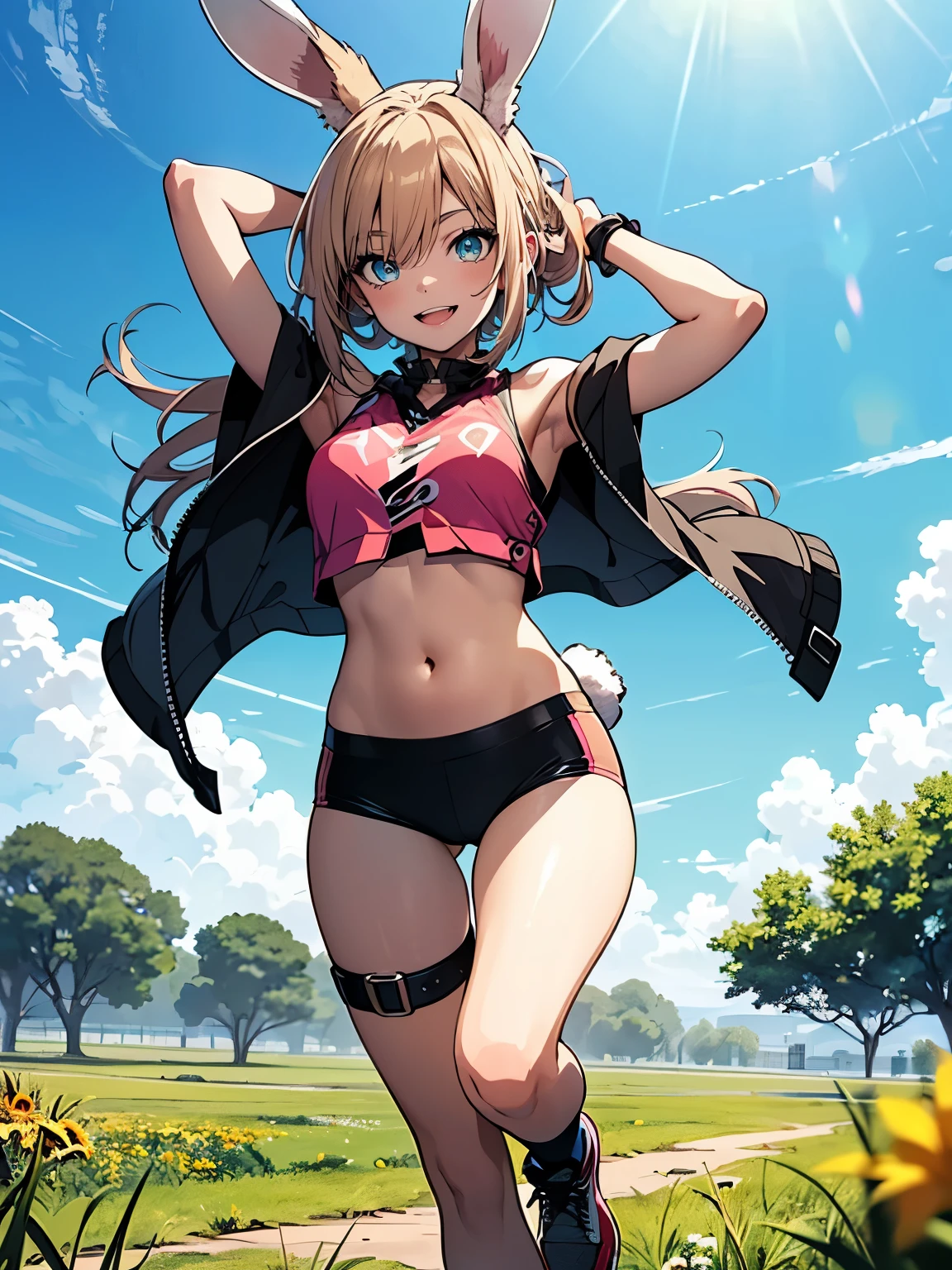 ((Seductive Anime Girl:1.3, solo:1.5))、((age girl:1.2))、((fusion of rabbit and girl:1.4))、rabbit ear、((Running:1.3, ))、((happy smile:1.3))、energetic、((pink color, leather clothes))、((Being in grassland:1.3)), erect nipples、((open clothes:1.2))、((crop top navel:1.2))、((small breasts))、((sleeveless:1.2))、((Glossy realistic skin texture))、((full body))、masterpiece, ultra-detailliert, 8k, hiquality, Top image quality, digitial illustration, Smooth texture