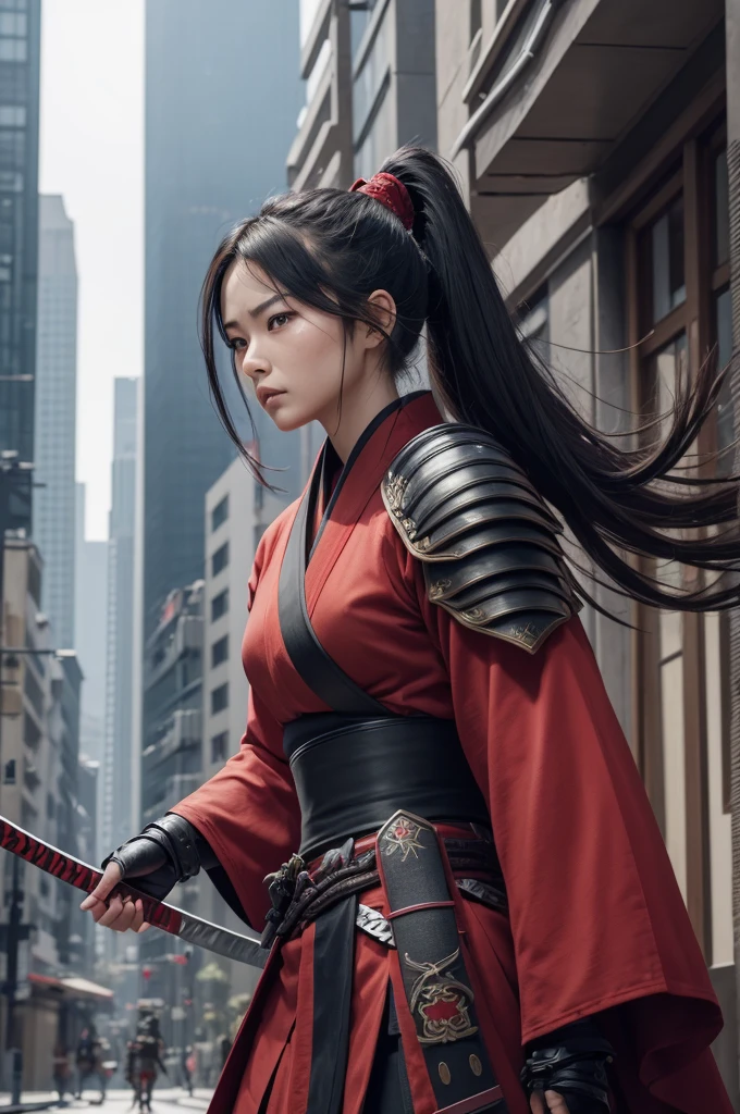 a human warrior with Asian features wears armor in the form of a red kimono. She has a strand forward and the rest of her long hair is tied in a ponytail.. she is the size of a giant and is in the middle of a city fighting several undead. the warrior uses two katanas, one in each of his hands and is in combat position. the two katanas she holds are large and sharp and their blades are clearly visible 