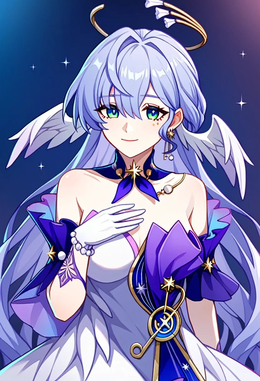 1girl, robin_\(honkai:_star_rail\), bare_shoulders, head_wings, white_dress, white_gloves, detached_sleeves, short_sleeves, aqua_eyes, long_hair, halo, purple_dress, hair_between_eyes, earrings, purple_hair