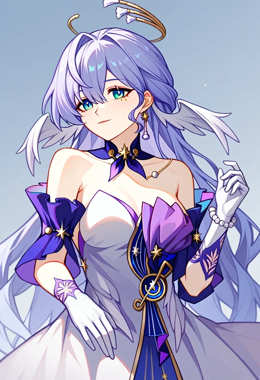 1girl, robin_\(honkai:_star_rail\), bare_shoulders, head_wings, white_dress, white_gloves, detached_sleeves, short_sleeves, aqua_eyes, long_hair, halo, purple_dress, hair_between_eyes, earrings, purple_hair
