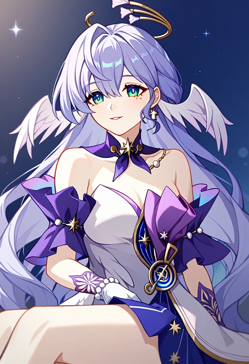 1girl, robin_\(honkai:_star_rail\), bare_shoulders, head_wings, white_dress, white_gloves, detached_sleeves, short_sleeves, aqua_eyes, long_hair, halo, purple_dress, hair_between_eyes, earrings, purple_hair