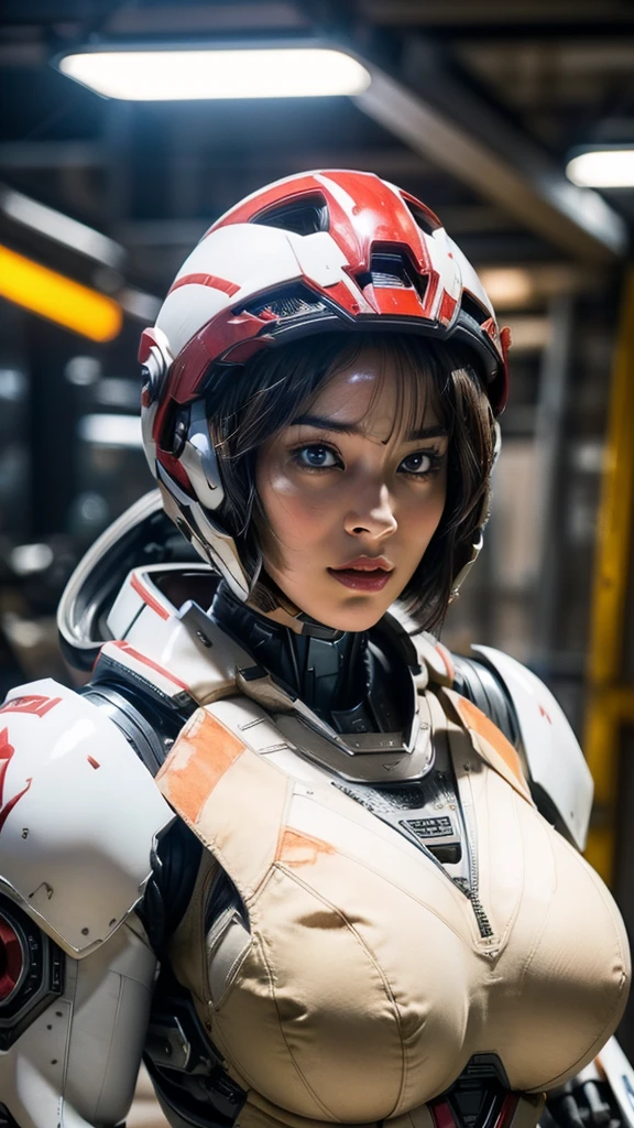 masterpiece, ((Highest quality:1.4)), ((Ultra-realistic:1.2)), Ultra-detailed, 8K resolution, RAW Photos, Sharp focus, (One girl), alone, Gorgeous face, Perfect body, Mature Woman, Age 25,  Portraiture, Mecha, White and red Armor, Nanosuit, sexy, Messy Hair, Cinematic, Cinematic light, ((Natural big breasts:1.4)),((Upper Body))