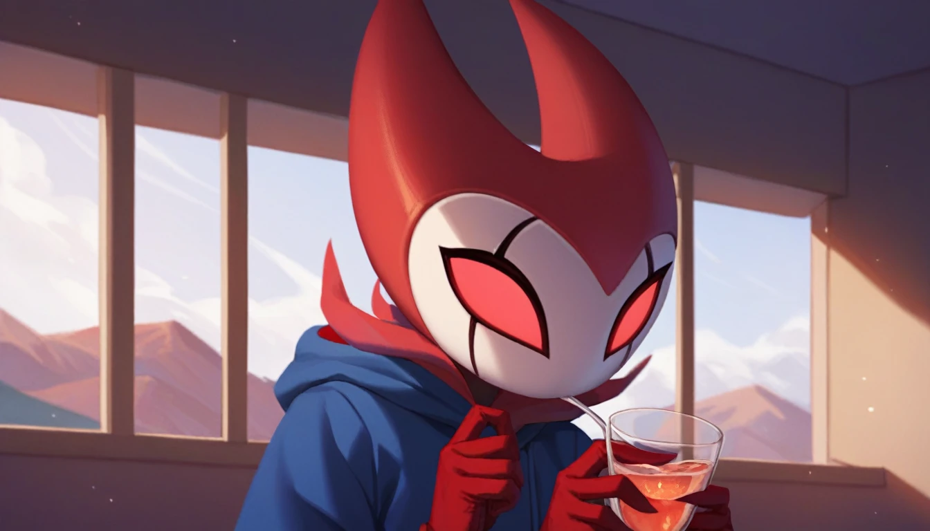 score_9, score_8_up, score_7_up, score_6_up, zPDXL2, grimm \(hollow knight\), vampire, bat, 1boy, solo, cute face, detailed eyes, portrait, anthro, blue large hoodie, red sports gloves, background, near the window, landscape, looking directly into the camera, only the upper part of the body, drinking a glass of water