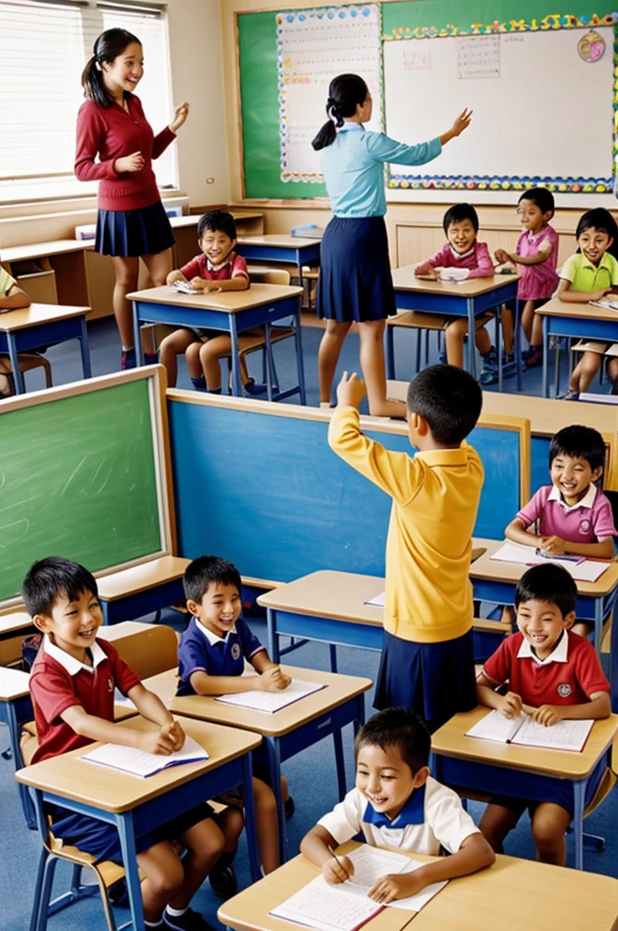 School classroom with fun children all participating and the cheerful and active teacher, teamwork, with lots of teaching material