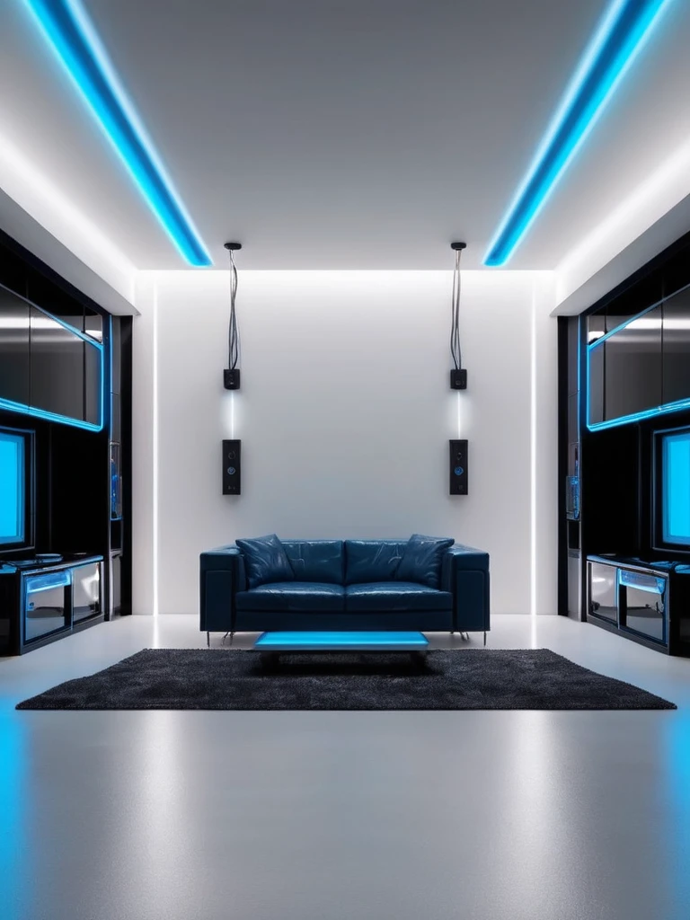 room, modern living room house, con neones bluees, infernal themed futuristic background image, cables hell neon, symmetrical image, hell, White wall, negro, blue