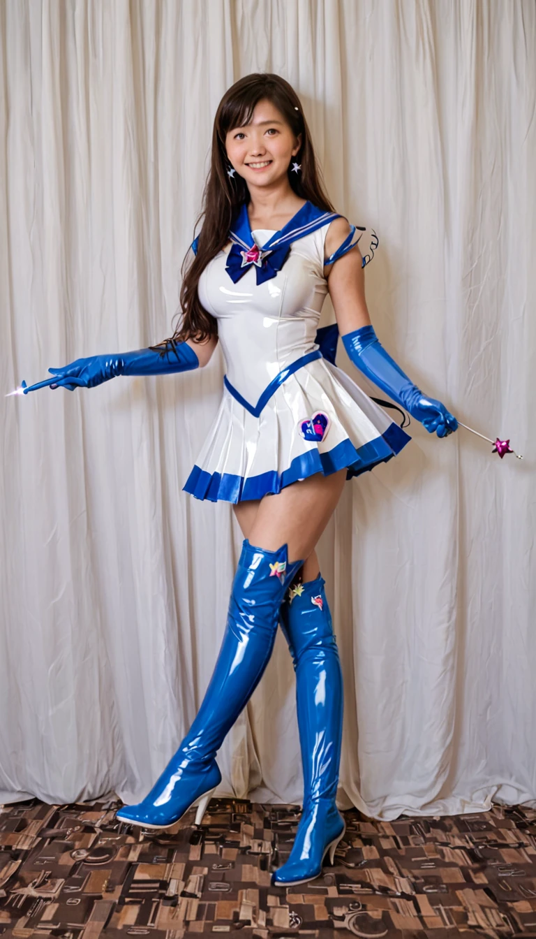 (best quality, high quality, realistic, photo realistic),1girl, sailor senshi unifoem, {{magical gloves, magical boots}}, bow, brooch,pleated miniskirt, magical girl, earrings, long hair, nsfw, latex, large_breasts, korean idol, holding wand, wand, wand effect,agic effect, standing, crossed legs, dakimakura, idol, akb48