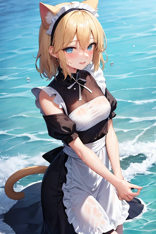 (Super best quality)(Highest quality)(Attention to detail)
Maid clothes, White apron, Headband, (Fashionable clothes)
Gothic Dress, ribbon, Maid clothes, 白と黒のMaid clothes
海, Beach, (Wave, Wave打ち), 高Wave, In the water, (Waterlogged), Water Play, 
((Even my clothes are wet 1.1))((Even my clothes are soaked in water)), (Water drop 1.1), Soaking wet, ((Deep water depth)) ((Deeply immersed))
Blonde, Blue Eyes, Cat ear, tail, cute, Naughty, The best smile, Water droplets all over the body((全身にWater drop 1.1)), Long, Water drops on my arms, Water drips from the clothes, Small breasts, Less exposure, walk