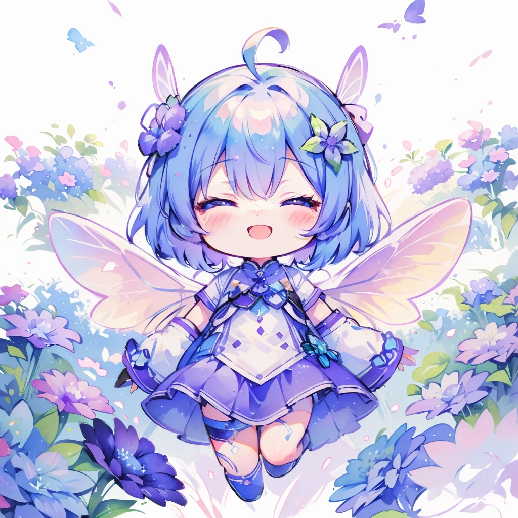Highest quality,masterpiece,Watercolor style,Chibi Character,Girl,Blue Hair,Long Hair,Purple eye fairy wings,(hydrangea),smile,目を開ける