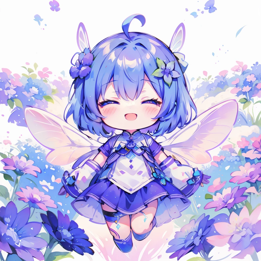 Highest quality,masterpiece,Watercolor style,Chibi Character,Girl,Blue Hair,Long Hair,Purple eye fairy wings,(hydrangea),smile,目を開ける