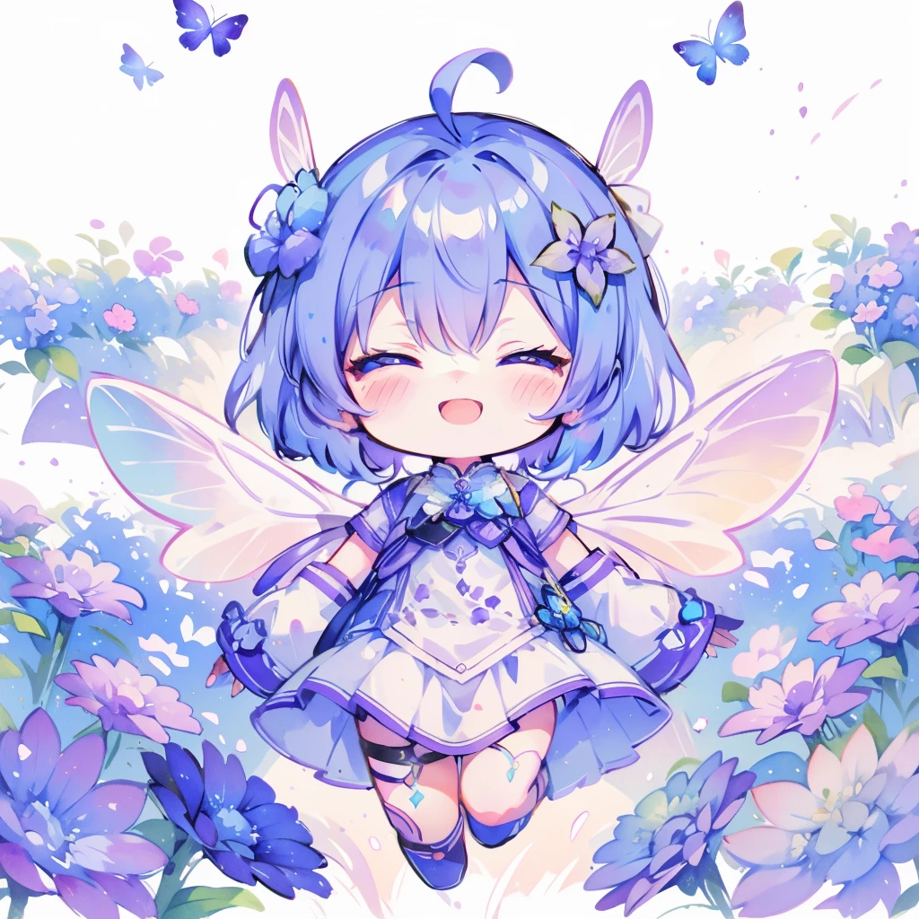 Highest quality,masterpiece,Watercolor style,Chibi Character,Girl,Blue Hair,Long Hair,Purple eye fairy wings,(hydrangea),smile,目を開ける