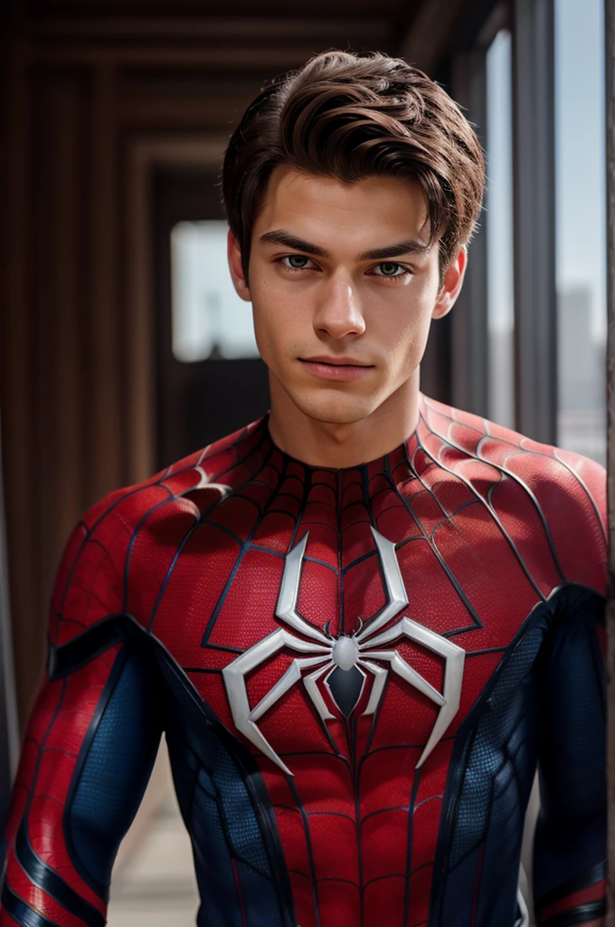 A photograph of spider man, no mask, 20 yo, handsome, detailed face, looking at camera, portrait, 8k uhd, high quality
