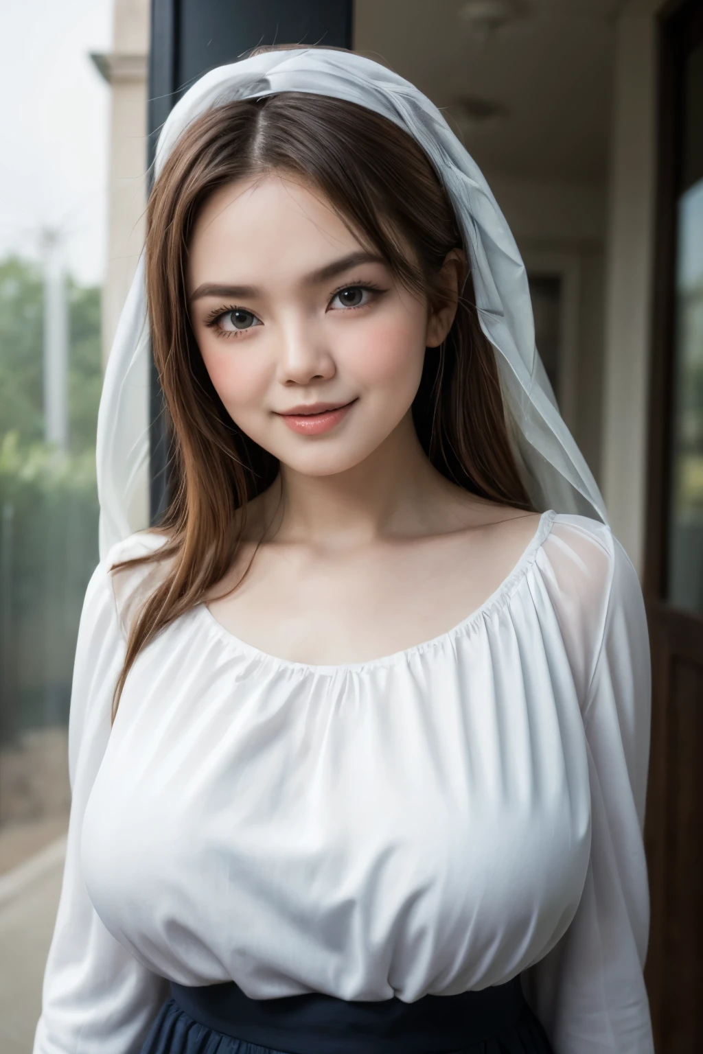 adorable, 1 girl, (face to face), , baby face, happy, half body portrait, (face details: 1), (eye details:1), ((big breasts)). wearing transparent transparency long shirt, .. Cute posed. proportional body. Ultra High Res. realistic: 1.4, UHD, poke a bun Hairstyle