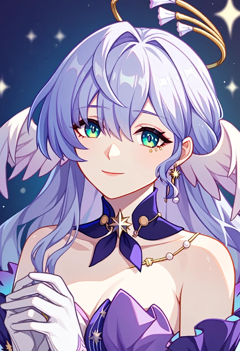 1girl, robin_\(honkai:_star_rail\), bare_shoulders, head_wings, white_dress, white_gloves, detached_sleeves, short_sleeves, aqua_eyes, long_hair, halo, purple_dress, hair_between_eyes, earrings, purple_hair