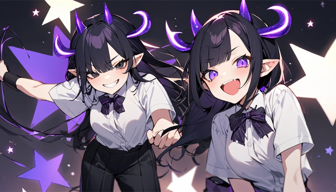 A girl with long black hair with straight bangs, with hair cut at the ends. Two large strands in the front, one bigger than the other. A rebel thread. A small white streak in your bangs. Two demon horns, one purple and one black, both with a dark purple star. one black eye and one purple eye. A purple star on your right cheek. black wide pants. All star shoe. Full white shirt with a bow tie with a star in the middle, with short sleeves. big boobies. Grinning. She is a star demon. She is standing looking at the camera. In one of his eyes a star in the black eye case, in the black eye and just black. Sex girl. Sex girl.