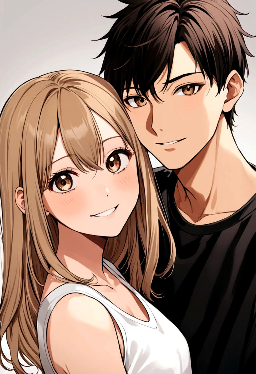 two people. one is a girl. she wears a sweatshirt set. her hair is light brown and she has a huge smile. by your side you have your boyfriend. He is 19 years old. wear a white tank top, her hair is black and reaches her eyes. he has dark eyes and she has light brown eyes, he has a serious face.