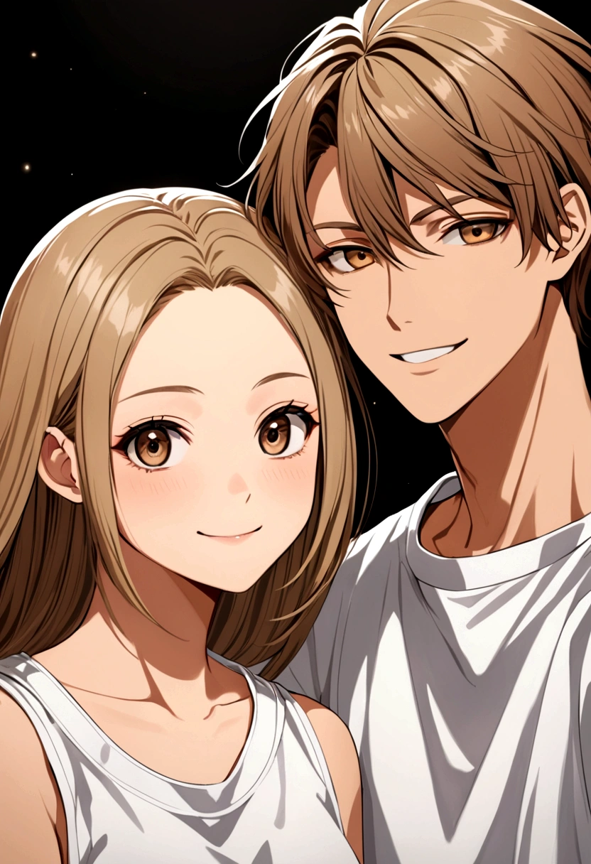 two people. one is a 17 year old girl. she wears a sweatshirt set. her hair is light brown and she has a huge smile. by your side you have your boyfriend. He is 19 years old. wear a white tank top, her hair is black and reaches her eyes. he has dark eyes and she has light brown eyes, he has a serious face.