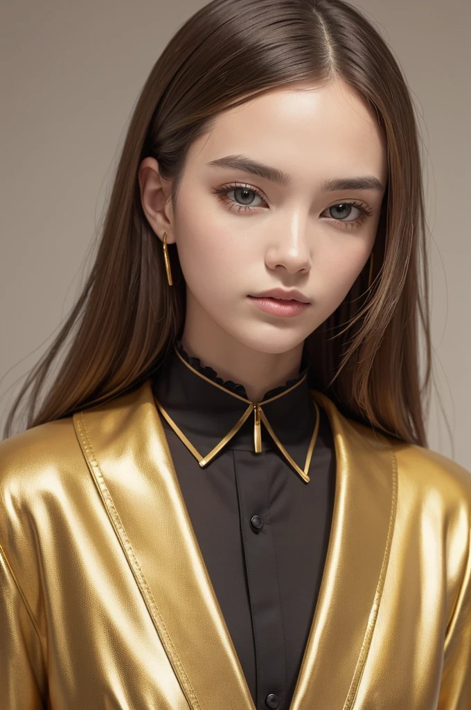 8k,Best Quality, Masterpiece, ultra high resolution, (photorealistic:1.4), photo and gross, (Genuine leather texture:1.3), (film grain:1.3),1 girl,beautiful detailed golden eyes and face,Masterpiece, Best Quality,full body photo, deep neckline, clear skin , big D cup breasts, with a cold attitude and cat ears decoration on his head.