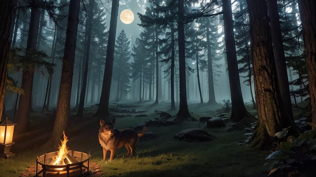 "Deep within the heart of an ancient forest, where moonlight filters through the dense canopy, stands a quaint house nestled amidst towering trees. Its windows are adorned with flickering lanterns, casting warm, inviting glows into the surrounding darkness. The air is cool and still, carrying with it the earthy scents of moss and pine.

Beside a crackling campfire just outside the house, a loyal dog rests, his fur illuminated by the fire's dancing flames. The forest murmurs softly around them, alive with the nocturnal whispers of creatures unseen. Above, a blanket of stars glimmers faintly through the treetops, lending an otherworldly ambiance to this serene and secluded sanctuary in the woods."