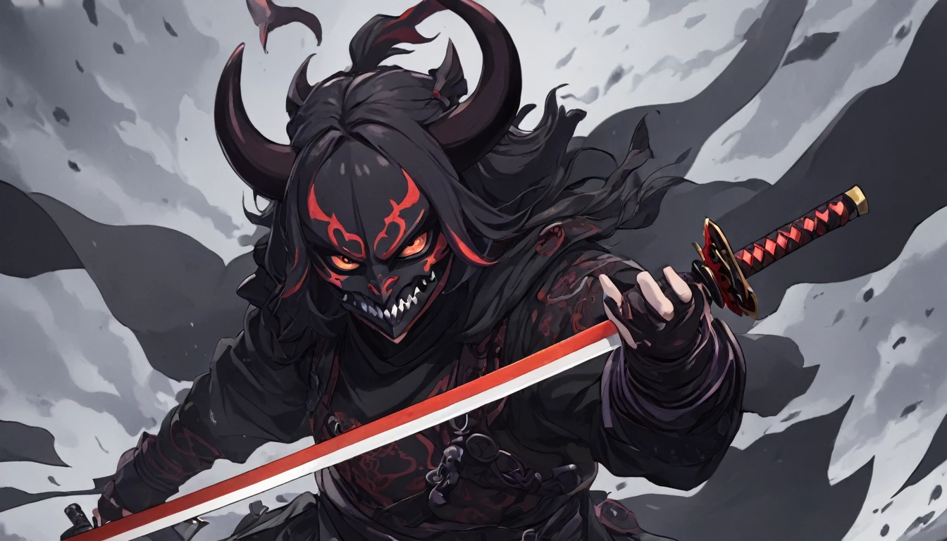 demon mask, sword on the hand,close up, black heavy detailed clothes, hand katana, art, dark and malevolent, hand sword, armor, powerful and intimidating, (masterpiece, best quality, ultra-detailed, best shadow), (detailed background, dark fantasy) dramatic light, intricate details, dark and malevolent, powerful and intimidating, Dark and foreboding, malevolent force, sinister and chilling, armor, high detailed background, girl in demon slayer art, demon slayer art style, epic anime art, God death