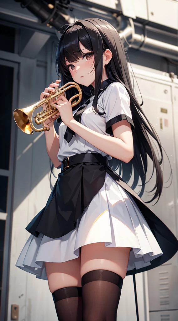 high resolution。High resolution、Low - Angle、masterpiece、Beautiful black-haired girl、17 years old、Round eyes、Playing the Trumpet、White sleevelesiniskirt and knee socks。sweating、high resolution8K