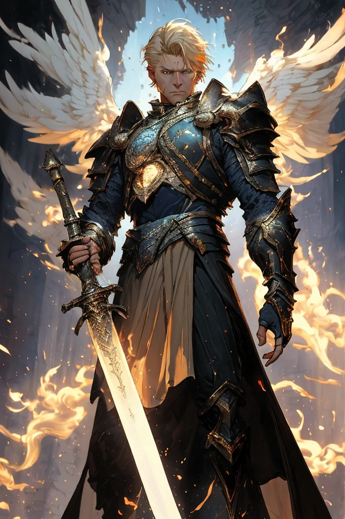 High illumination, high resolution, (Masterpiece), hyperdetailed, battlefield, a dark and depressing dungeon, 1 adult male, masculine, very short blonde hair, back hairstyle, bright blue eyes, a noticeable scar on one of his eyes, Heavy armor, golden and shiny, a golden sword in his hands, is levitating in the air, very brave and serious expression, ángel masculine resplandeciente, crossed hands, divine appearance, blue wings in the form of thin tentacles, with a blinding flash, he lights up the whole stage.