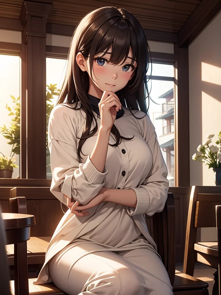 (masterpiece、top-quality、hight resolution、Unity 8k Wallpaper、extremely details CG:1), A gentle and composed housewife with a serene expression is saying "Oh dear, oh my" as she catches someone in the act of making a mistake. She is not scolding harshly but rather conveying a subtle message that now that she knows, there is no hiding it. Her demeanor suggests a calm and understanding approach, implicitly asking, "Now that I know, what is the correct thing to do?" The setting is a cozy, well-furnished room, capturing the moment of her gentle intervention.