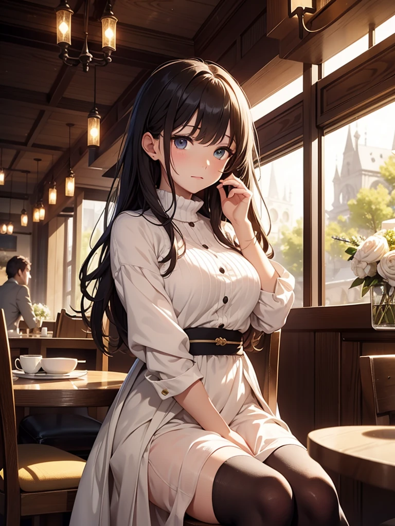 (masterpiece、top-quality、hight resolution、Unity 8k Wallpaper、extremely details CG:1), In a cozy café, the protagonist is sitting across from an elegant married woman in fine and sophisticated clothes whom he met on a dating website. In the middle of the conversation, her mood changes a little. She leans in a little and whispers to the protagonist shyly with eyes filled with warmth. ...Shall we go to your room?" The atmosphere becomes more intimate, and the change in her feelings is remarkable.
