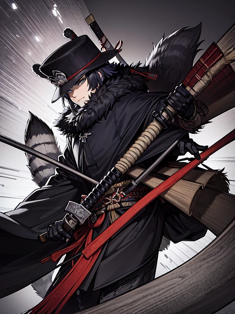 The wild raccoon man wears a ronin uniform and a straw samurai hat ,anime