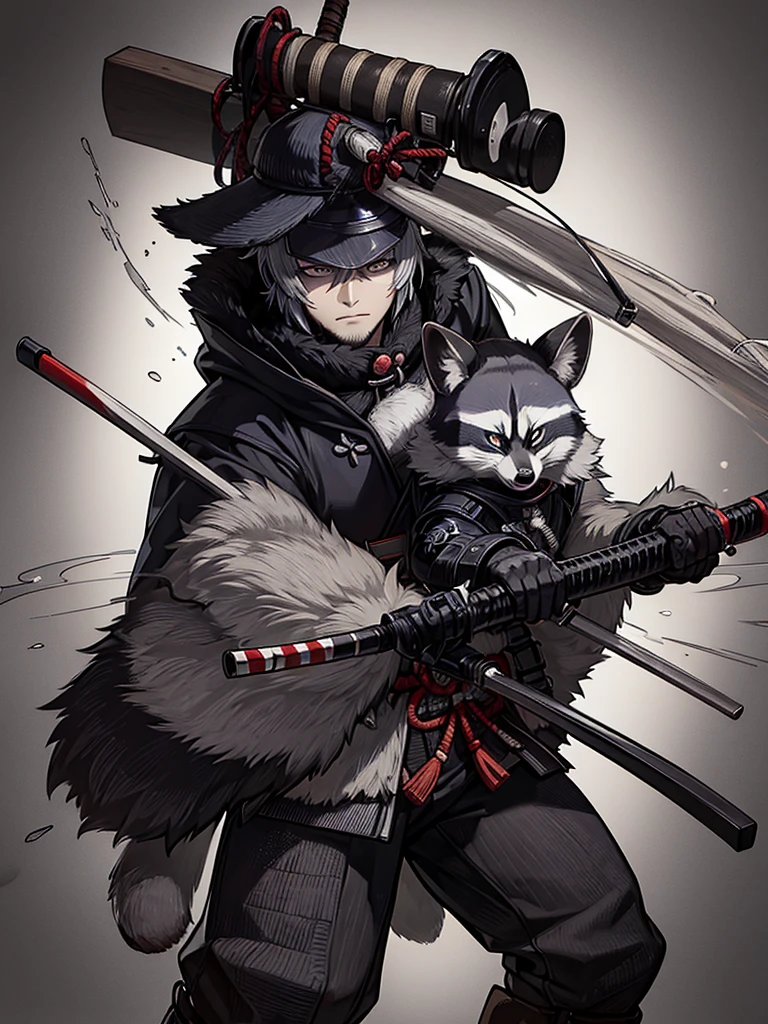 The wild raccoon man wears a ronin uniform and a straw samurai hat ,anime