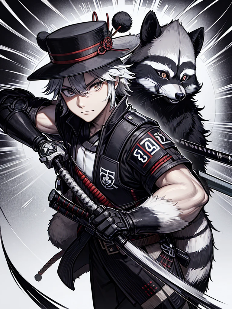 The wild raccoon man wears a ronin uniform and a straw samurai hat ,anime
