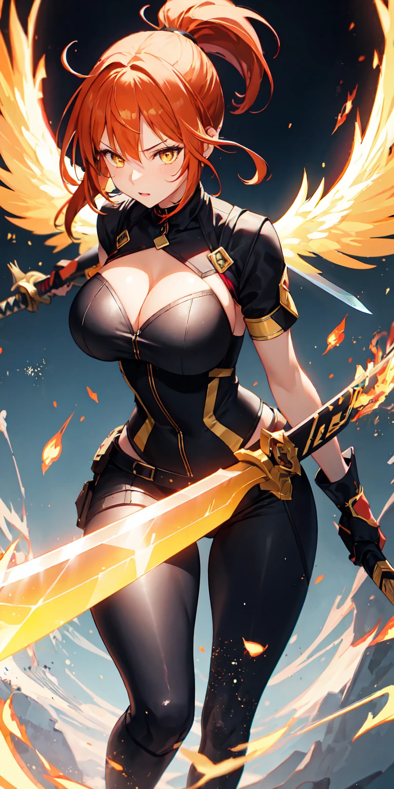 colorful, 1girl, mature, large breasts, orange hair, short ponytail hair, yellow eyes, dual wielding, sword, holding sword, red flames, glow, glowing weapon, light particles, wallpaper, chromatic aberration,
