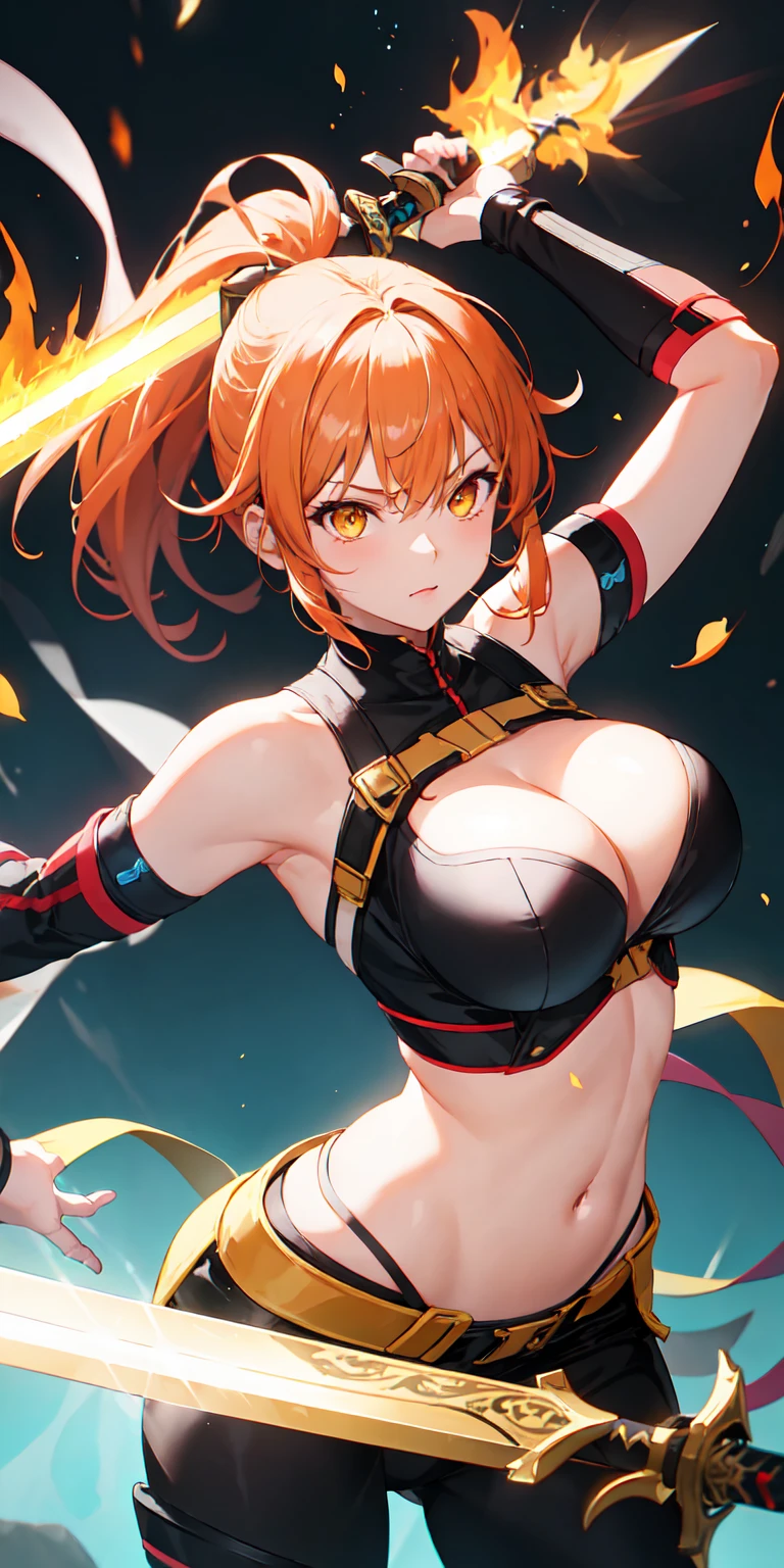 colorful, 1girl, mature, large breasts, orange hair, short ponytail hair, yellow eyes, dual wielding, sword, holding sword, red flames, glow, glowing weapon, light particles, wallpaper, chromatic aberration,