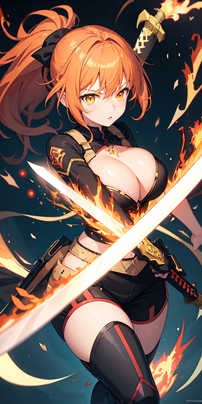 colorful, 1girl, mature, large breasts, orange hair, short ponytail hair, yellow eyes, dual wielding, sword, holding sword, red flames, glow, glowing weapon, light particles, wallpaper, chromatic aberration,