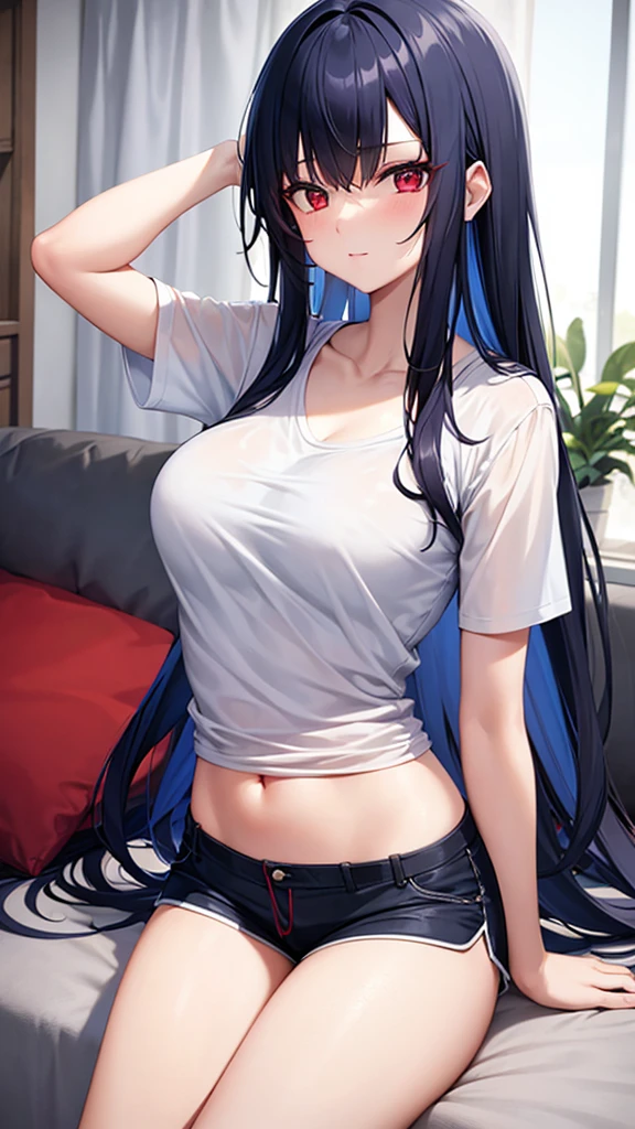 A sexy girl with long dark blue hair with red eyes and with a t-shirt and shorts in a modern apartment in the living room 