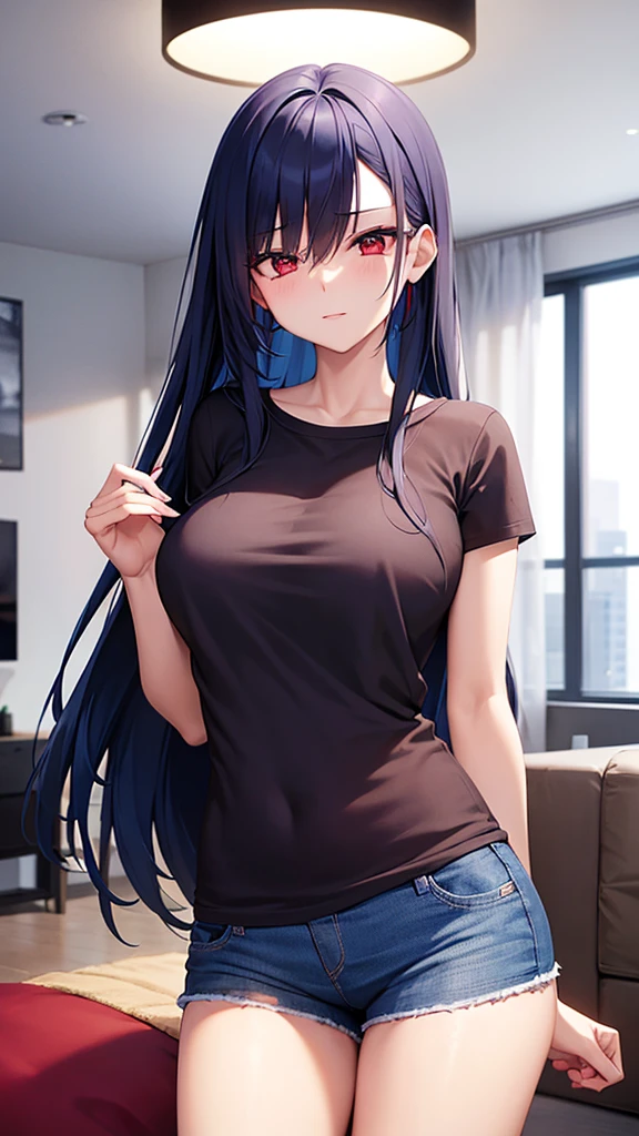 A sexy girl with long dark blue hair with red eyes and with a t-shirt and shorts in a modern apartment in the living room 