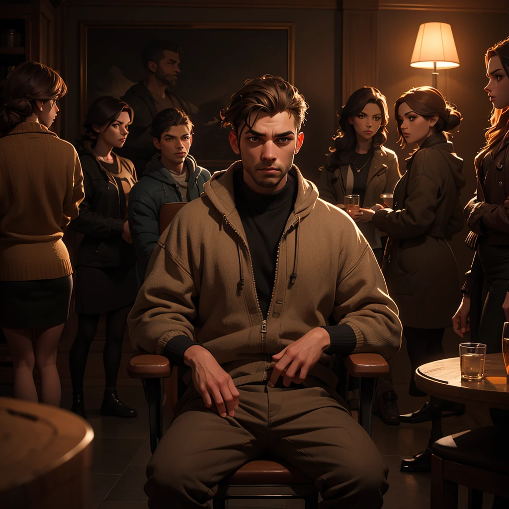 a man sitting on a chair in the center of the image,4 people standing around him,all wearing warm thick clothes,brown clothes,highly detailed,8k,photorealistic,studio lighting,extremely detailed face and eyes,sharp focus,vivid colors,cinematic lighting,natural light,intricate clothing folds,dramatic shadows,moody atmosphere