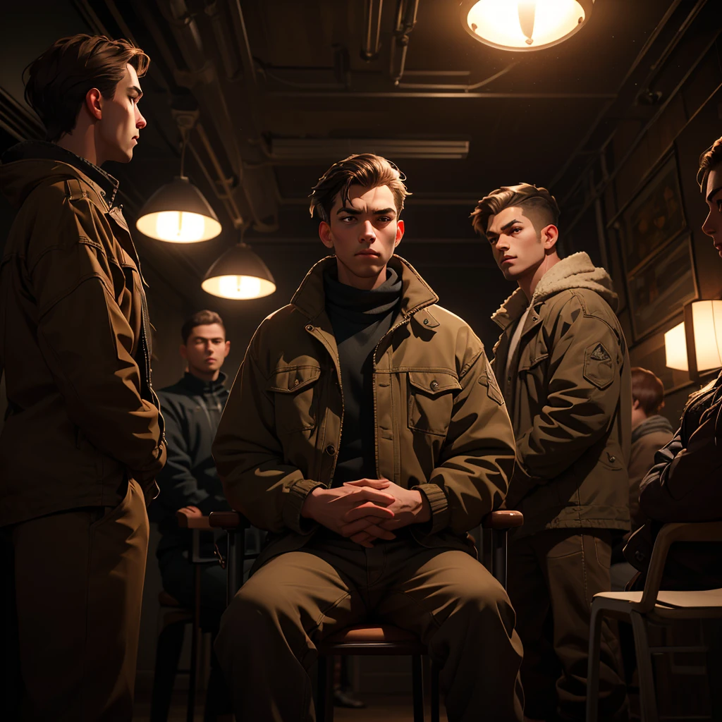 a man sitting on a chair in the center of the image,4 people standing around him,all wearing warm thick clothes,brown clothes,highly detailed,8k,photorealistic,studio lighting,extremely detailed face and eyes,sharp focus,vivid colors,cinematic lighting,natural light,intricate clothing folds,dramatic shadows,moody atmosphere