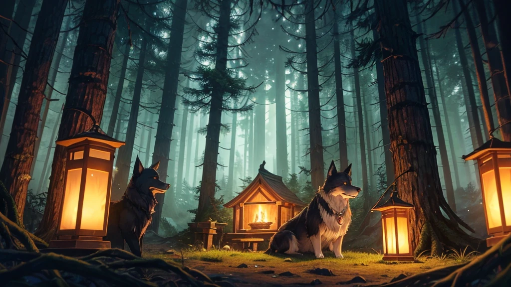 "Deep within the heart of an ancient forest, where moonlight filters through the dense canopy, stands a quaint house nestled amidst towering trees. Its windows are adorned with flickering lanterns, casting warm, inviting glows into the surrounding darkness. The air is cool and still, carrying with it the earthy scents of moss and pine.
Beside a crackling campfire just outside the house, a loyal dog rests, his fur illuminated by the fire's dancing flames. The forest murmurs softly around them, alive with the nocturnal whispers of creatures unseen. Above, a blanket of stars glimmers faintly through the treetops, lending an otherworldly ambiance to this serene and secluded sanctuary in the woods."