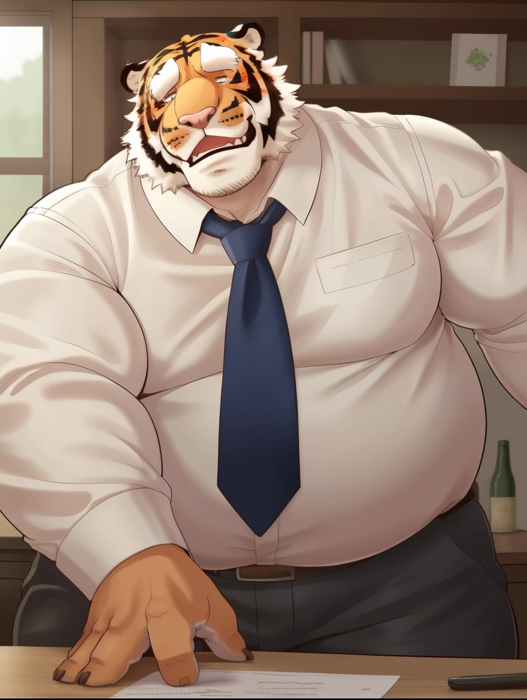 tiger, long sleeve plain shirt, necktie, sweat, obese, by bontiage 